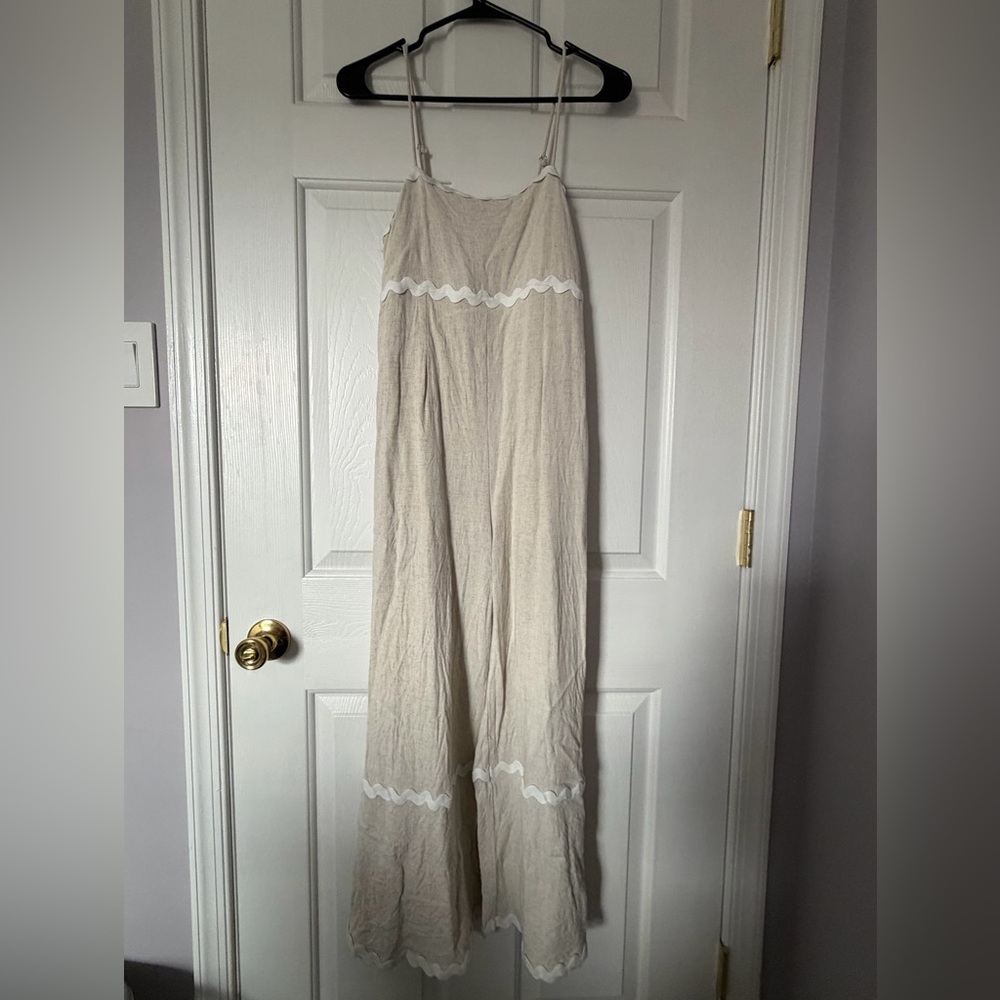 Beige Wide-Leg Linen Jumpsuit with Trim